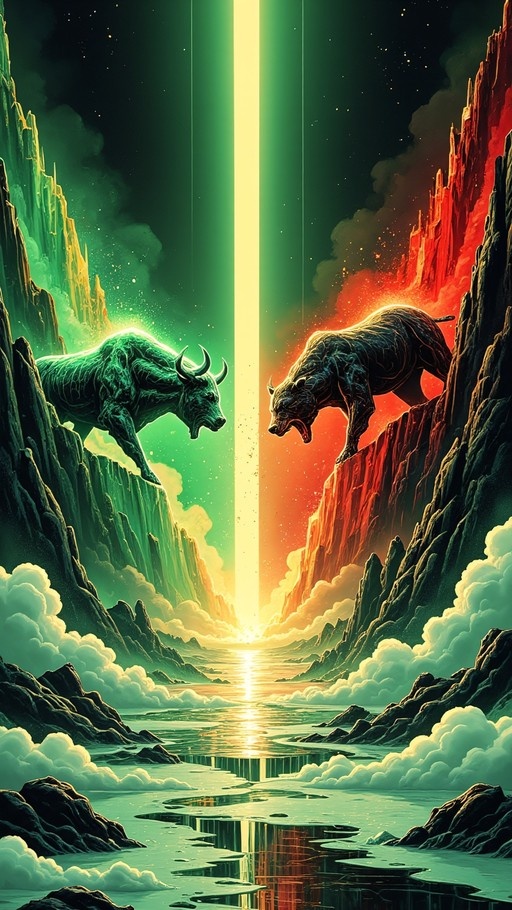 A digital painting showing a glowing green ox and a dark red wild boar standing on opposite cliffs facing each other across a beam of light.