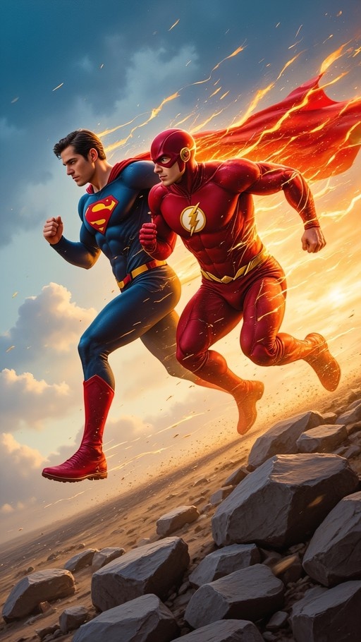 A digital illustration of Superman and The Flash running side by side across a rocky landscape with lightning effects trailing behind them.