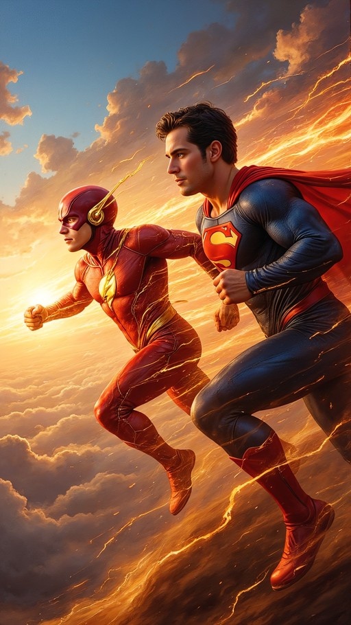 The Flash and Superman flying side by side through a cloudy sky illuminated by golden sunlight.