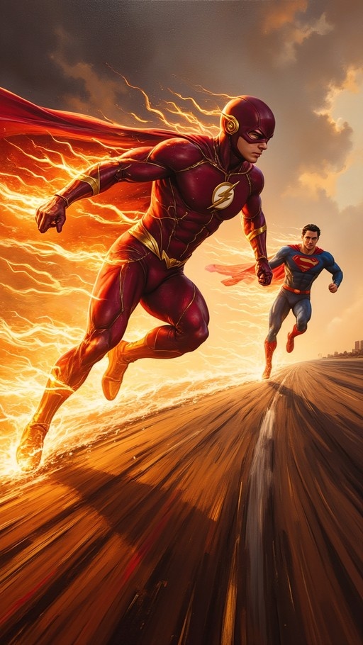 The Flash and Superman running side by side on a road with golden lightning effects.