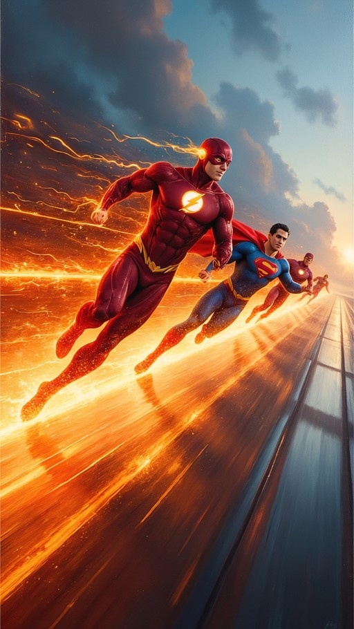 The Flash runs at super speed with lightning trails while Superman follows closely behind in a dynamic comic-style illustration.