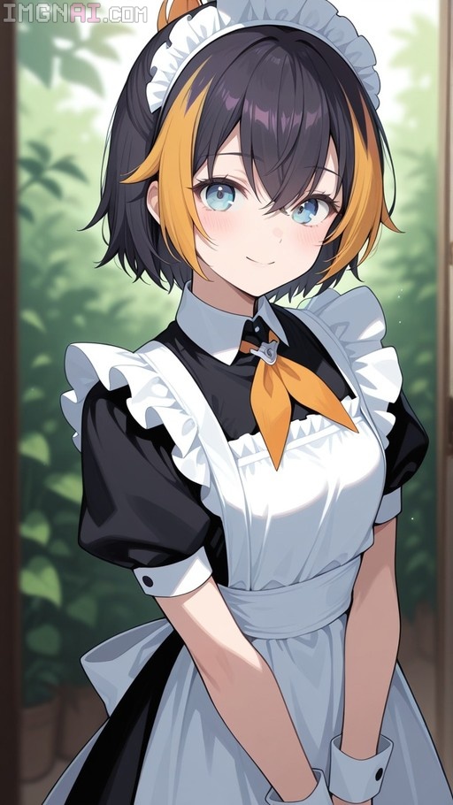 Petra Gurin from Blue Archive wearing a black and white maid dress with an orange neckerchief, smiling at the viewer.