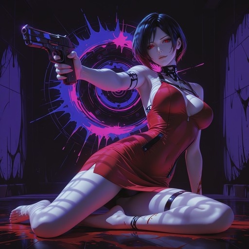 Ada Wong in a red dress kneeling and aiming a handgun at the viewer