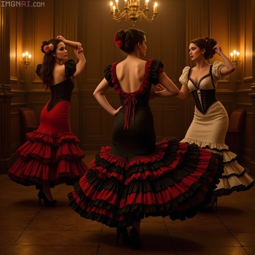 Three women in elaborate ruffled flamenco dresses dance in a warm, candlelit room with wood paneling and a chandelier.