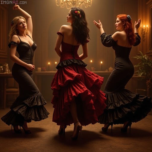 Three women in long ruffled dresses dancing flamenco in a warm, candlelit room.
