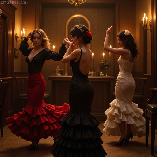 Three women in colorful flamenco dresses dancing indoors under warm candlelight.