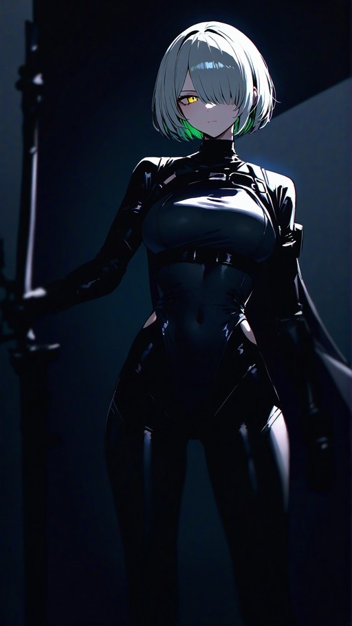 An anime-style female warrior with short white and green hair and a yellow eye stands in a dark room holding a sword while wearing a tight black bodysuit.