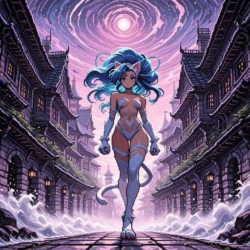 A pixel art illustration of the character Felicia from Darkstalkers walking down a cobblestone street with crashing waves and a swirling sky in the background.
