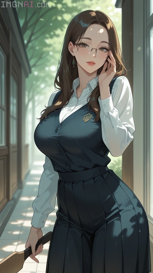 A young woman with long brown hair and glasses stands outdoors in a dark blue school uniform, holding a wooden paddle while adjusting her frames with one hand.