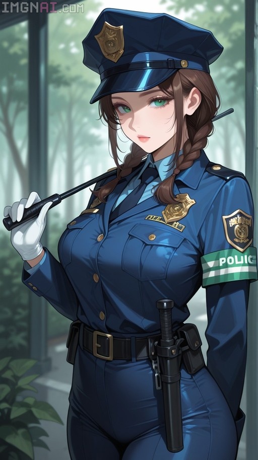 An anime-style female police officer with brown twin braids and green eyes, wearing a blue uniform and white gloves while holding a black baton.