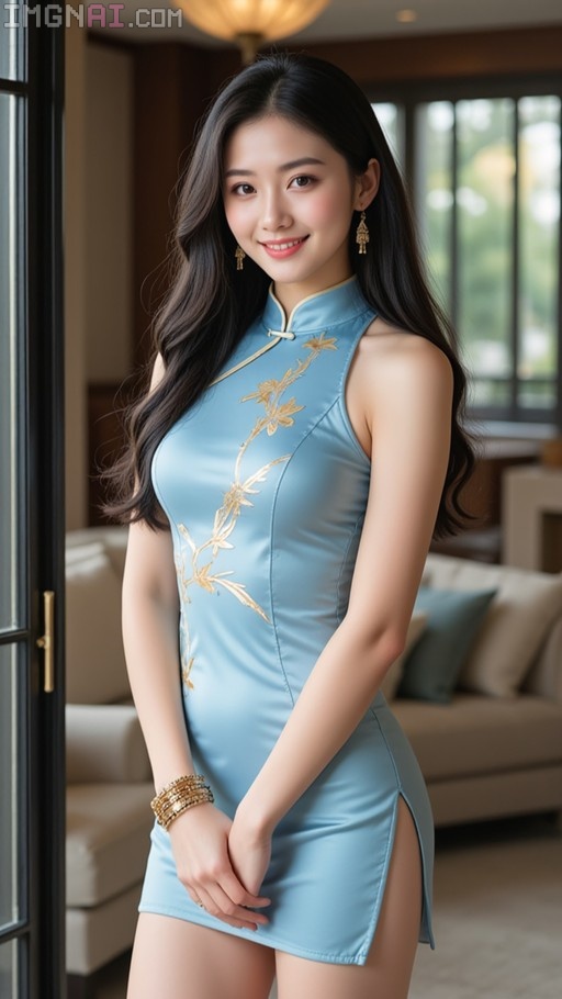 A young Asian woman with long dark hair smiles while wearing a light blue sleeveless qipao with gold embroidery and gold jewelry indoors.