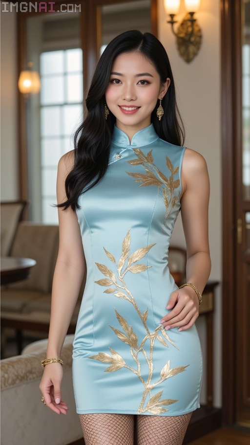 A smiling Asian woman with long black hair wearing a light blue sleeveless qipao with gold leaf designs and fishnet tights indoors.
