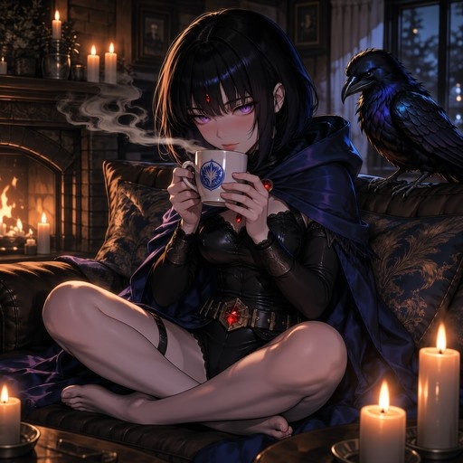 Raven from DC Comics sitting on a couch holding a steaming mug with her raven companion perched nearby