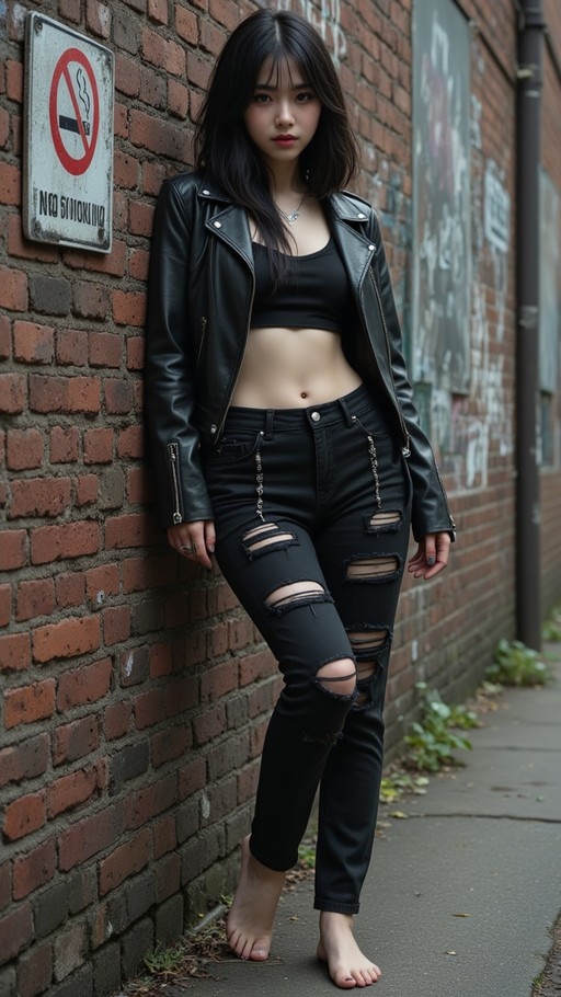 A barefoot young woman with long dark hair leans against a red brick wall wearing a black leather jacket and ripped black jeans.
