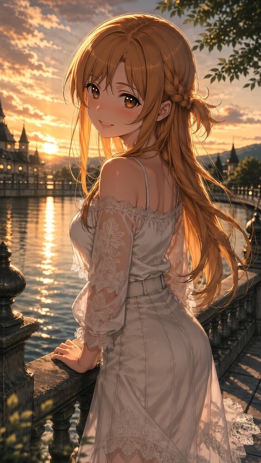 Asuna Yuuki in a white lace dress looking over her shoulder at sunset by a river.