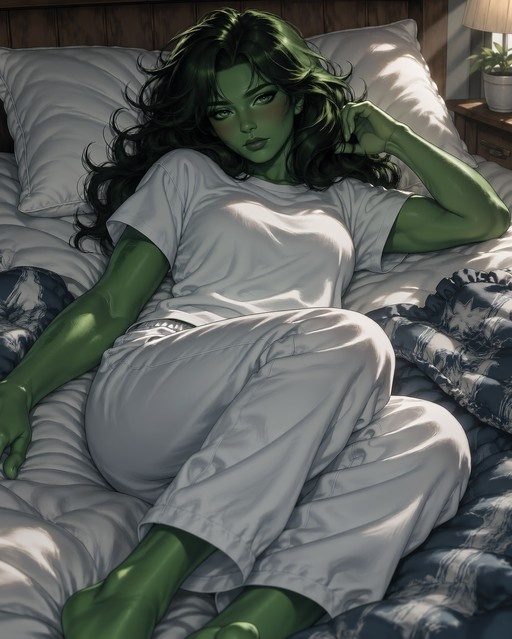 She-Hulk lying in bed wearing white pajamas with sunlight streaming in.