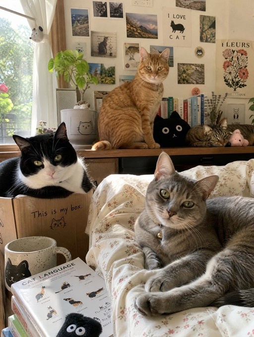 Four cats relaxing in a sunlit room with one sitting in a labeled box and another on floral bedding.