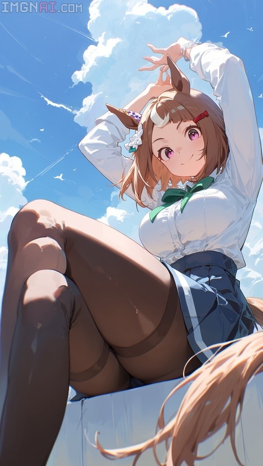 Brown-haired horse girl Tsurumaru Tsuyoshi stretches her arms upward while sitting on a ledge against a sunny blue sky.