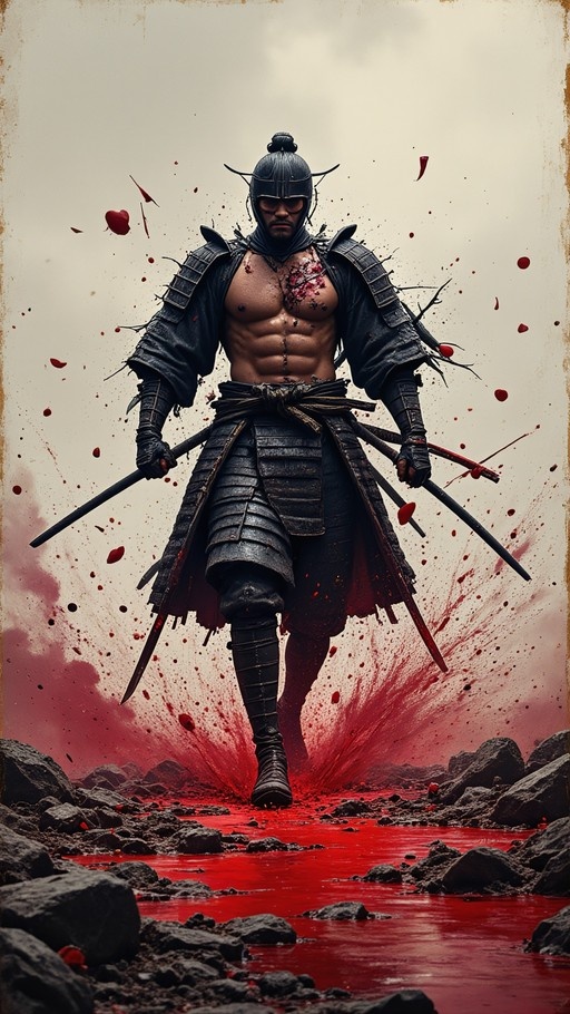 A full-body digital illustration of a muscular samurai warrior in dark armor walking through a pool of blood while holding two swords, with red splatters and petals floating around him against a grey sky.