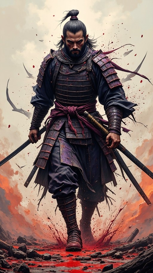 A full-body digital painting of a bearded samurai in dark armor holding two swords, walking through red liquid and debris under an orange sky.