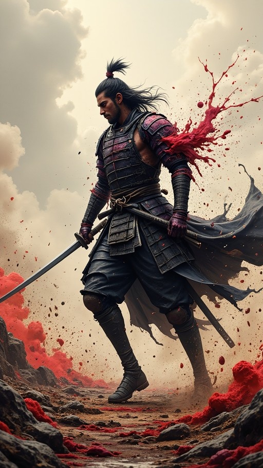 A full-body digital illustration of a male samurai warrior in dark Japanese armor standing on rocky ground, holding an unsheathed katana while red blood splatters dramatically around his shoulder and the terrain.