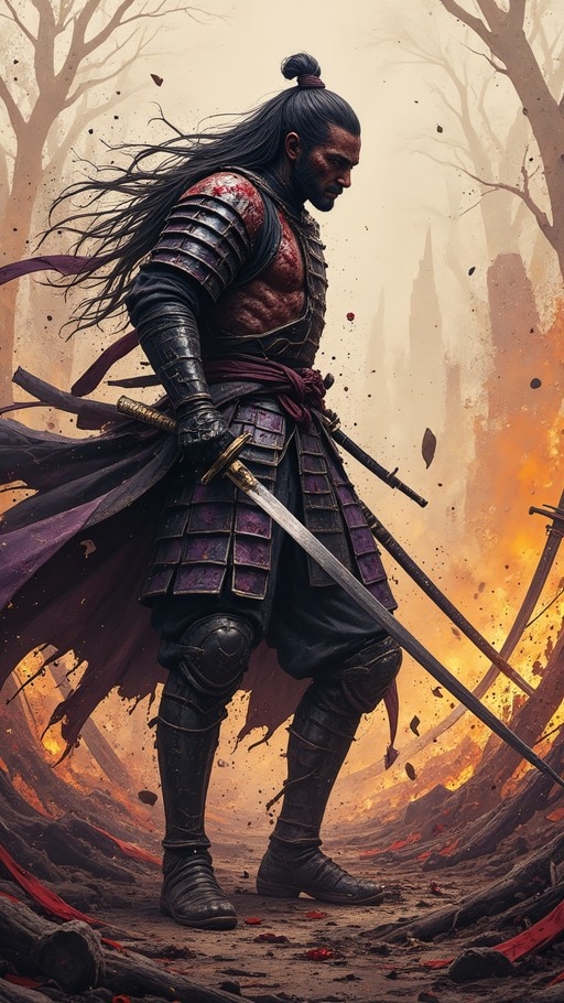 A full-body illustration of a dark-skinned samurai with long hair in a topknot, wearing purple armor and holding a katana, standing in a fiery battlefield with blood on his face.