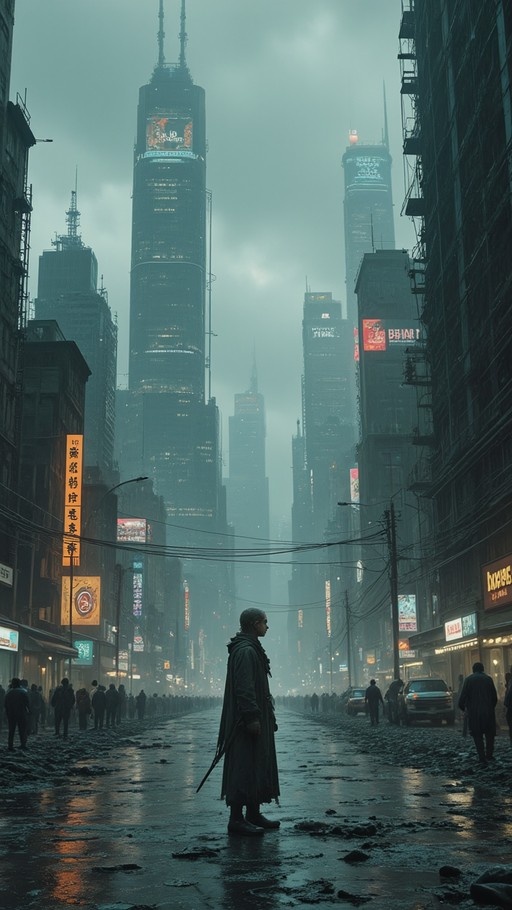 A lone figure in a long coat stands on a wet street in a misty cyberpunk city with tall skyscrapers and neon signs.