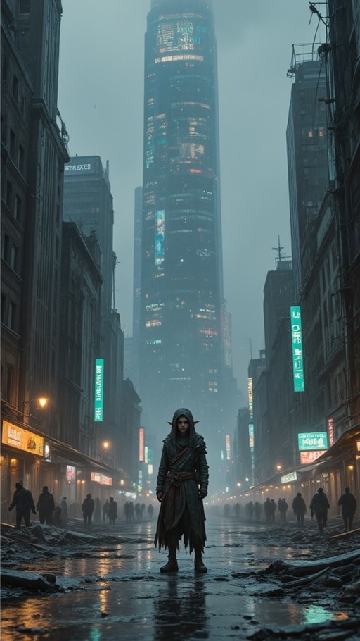 A hooded figure with pointed ears stands on a wet city street at night, surrounded by towering skyscrapers and glowing neon signs.