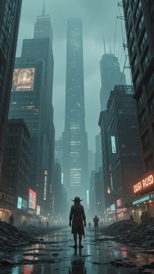 A lone elf with pointed ears stands on a wet, debris-filled street looking towards towering mist-covered skyscrapers and neon signs in a futuristic city.