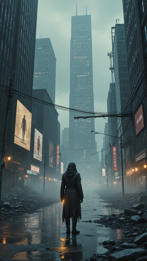 A hooded figure stands with their back to the viewer on a wet, debris-filled city street, looking towards towering skyscrapers in the misty distance.