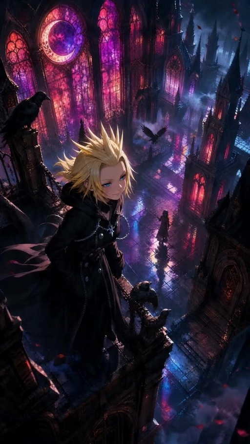 A blonde anime boy with spiky hair and blue eyes, wearing a long black coat and gloves, stands on a cathedral balcony next to a perched crow, looking down at a courtyard illuminated by stained glass windows.