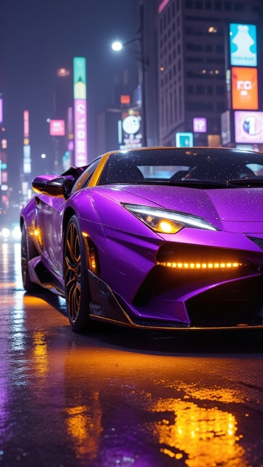A glossy purple sports car with gold accents parked on a rain-slicked city street at night under neon lights.