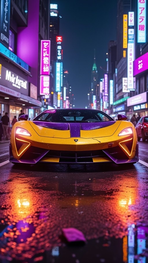 A yellow and purple sports car parked on a wet street in Tokyo at night, surrounded by neon signs.