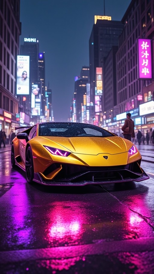 A yellow Lamborghini parked on a wet city street at night with purple neon reflections and skyscrapers in the background.