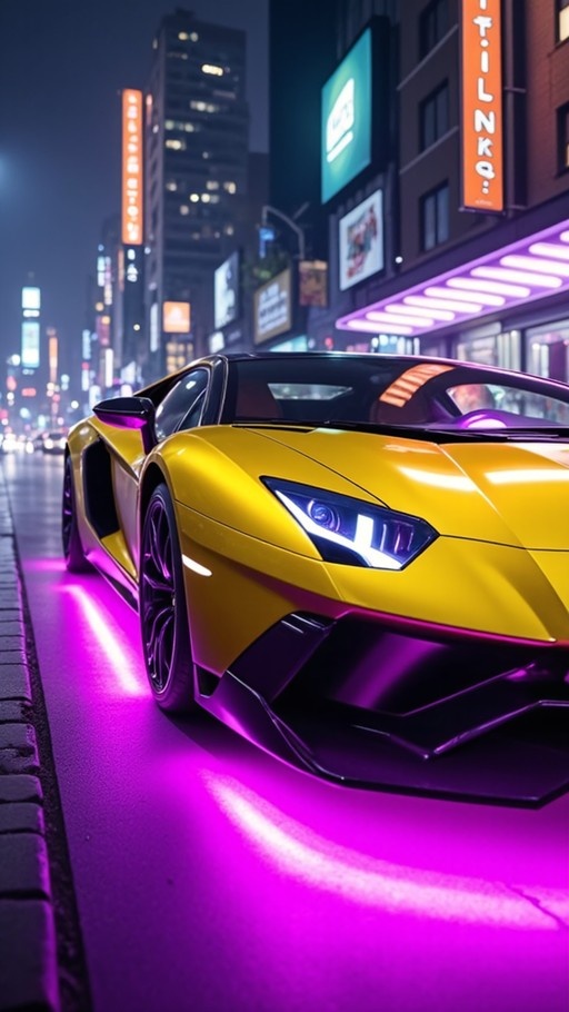 A yellow sports car parked on a wet city street at night with purple neon reflections
