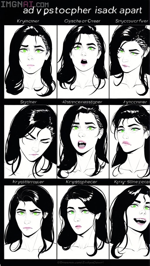 A grid of nine panels showing a girl with long black hair and bright green eyes displaying various facial expressions in a greyscale style with pink lips.