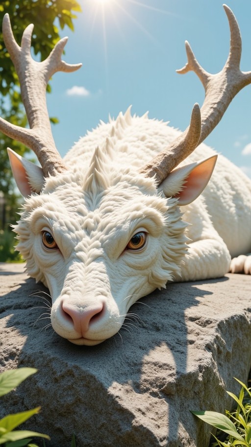 A white furry creature with large antlers and a dragon-like snout lies on a rock outdoors, looking at the camera under bright sunlight.