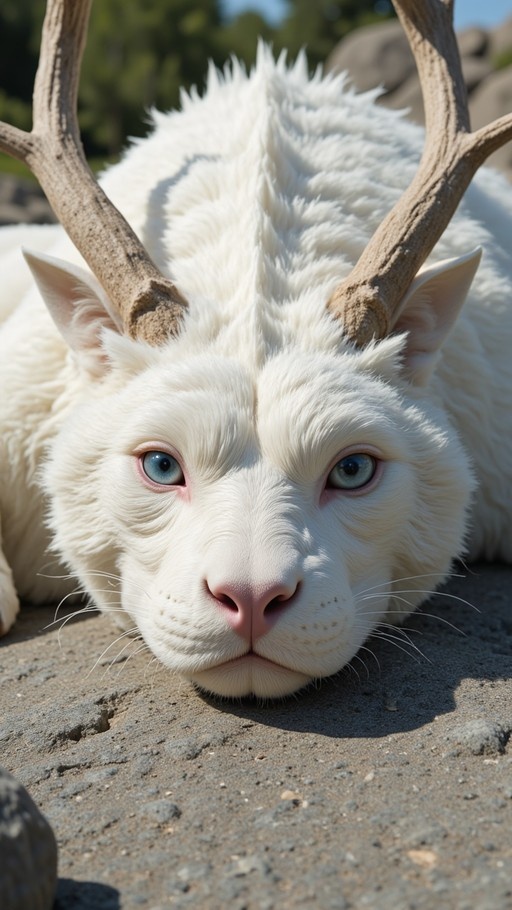 A close-up of a white furry creature with large antlers and blue eyes lying on the ground outdoors.