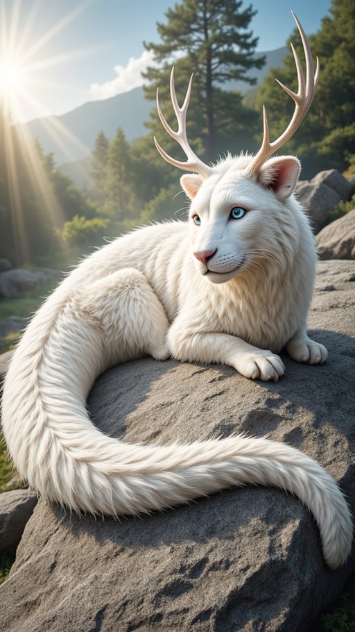 A white furry fantasy creature with deer antlers and blue eyes resting on a rock in a sunny forest setting