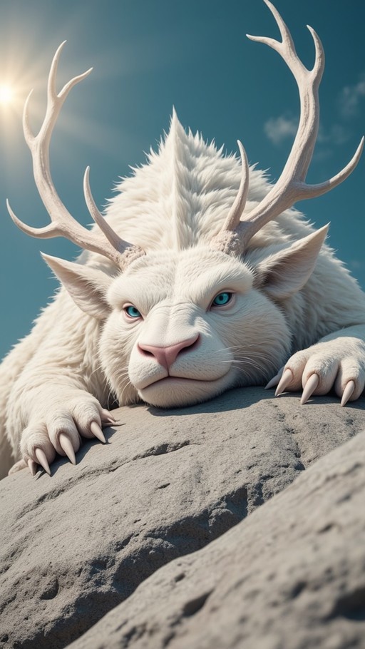 A close-up of a white furry creature with large antlers and sharp claws lying on a rock under a bright sun.