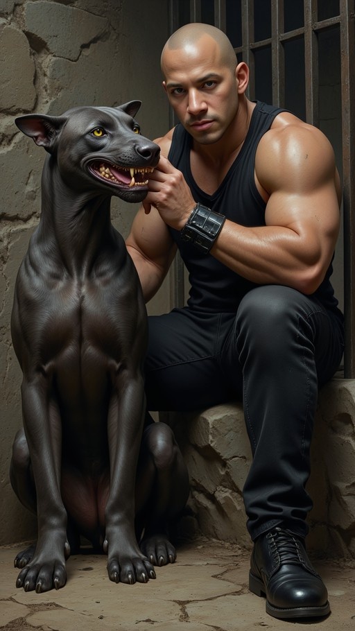 A muscular bald man in a black tank top sits next to a large, muscular black dog with sharp fangs and yellow eyes inside a stone room with bars.