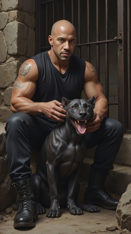 Bald muscular man with tattoos sitting on stone steps holding a large black dog's head.