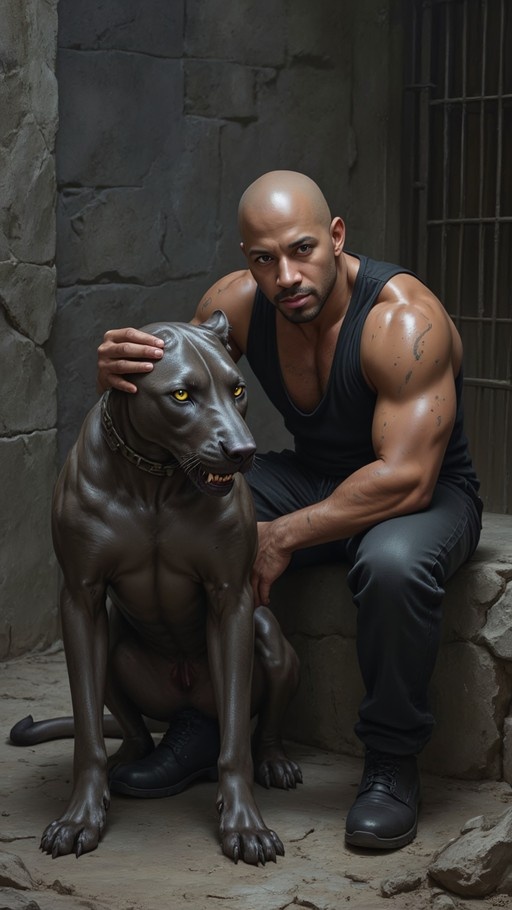 A muscular bald man in a black tank top sits on a stone ledge petting a large black dog with yellow eyes.