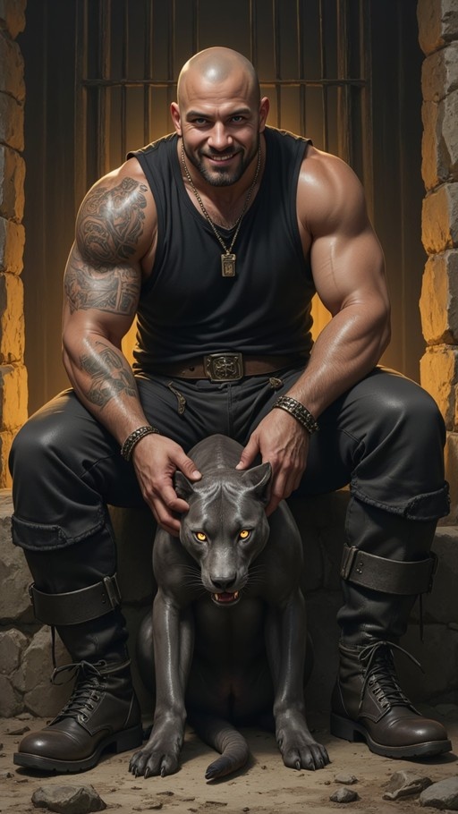 A muscular bald man with tattoos sits in a stone room, smiling while petting a black panther with glowing yellow eyes between his legs.