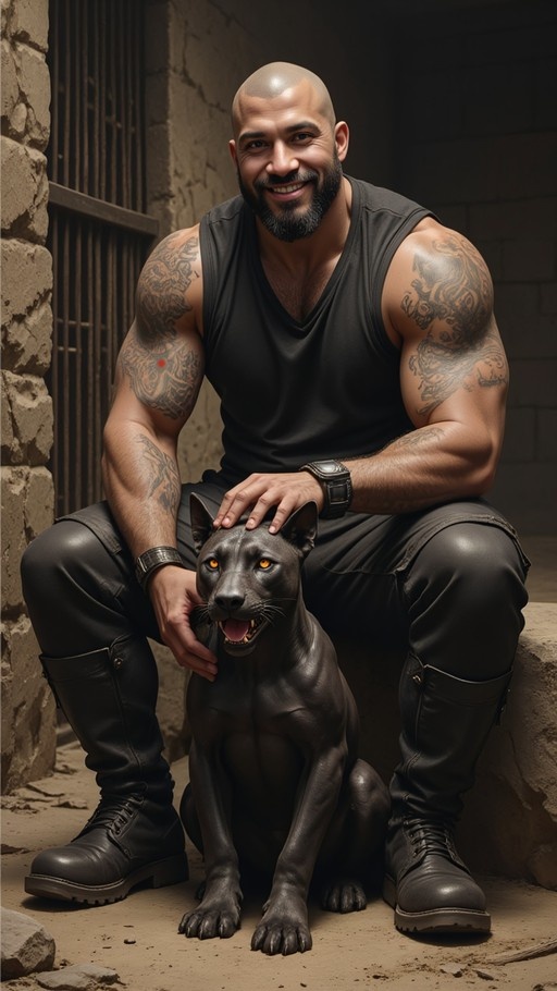 A bald muscular man with tattoos smiles while sitting in a stone room and petting a large black dog with glowing yellow eyes.