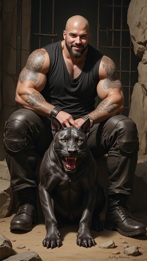 A bald muscular man with tattoos pets a large snarling black panther in a stone cell.