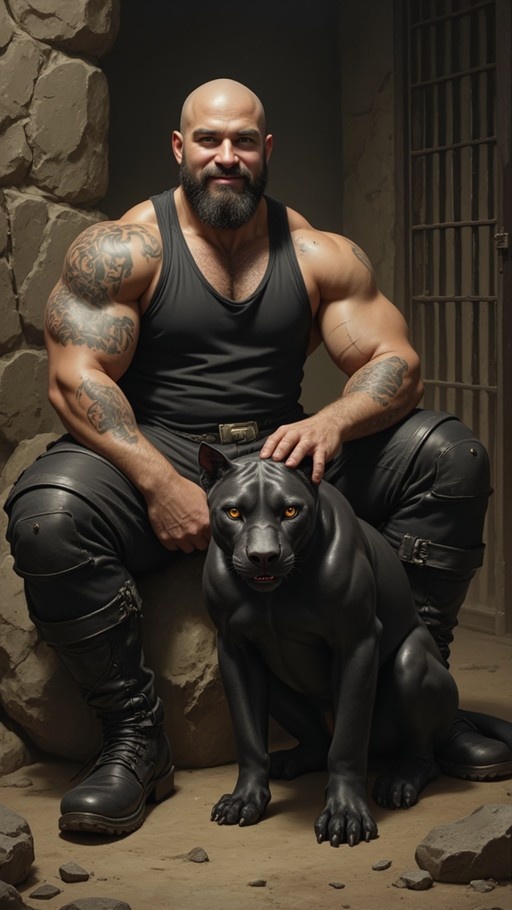 A muscular bald man with tattoos sits on a rock in a stone room, petting a large black panther.