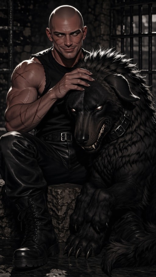 A muscular bald man with facial scars sits in a stone cell, petting the head of a large black wolf with glowing eyes.