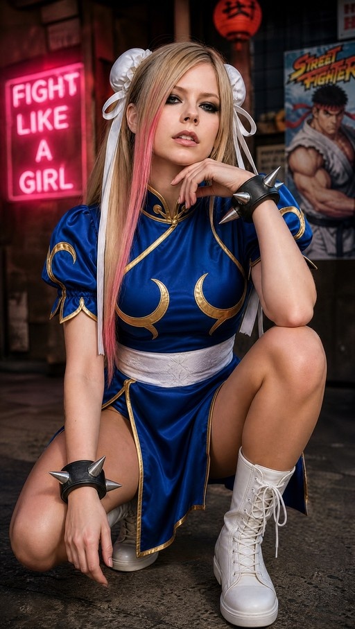 Avril Lavigne cosplaying as Chun-Li from Street Fighter in a blue dress and white boots