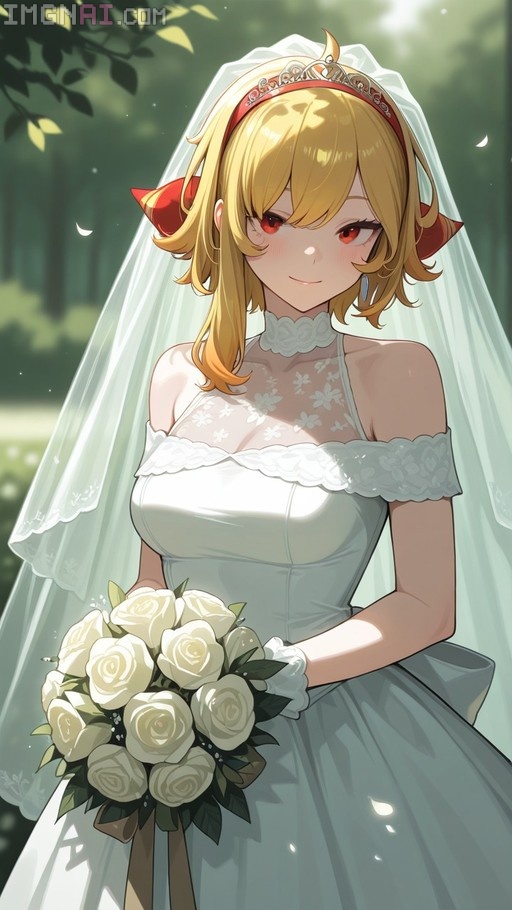 Kaela Kovalskia in a white wedding dress holding a bouquet of white roses